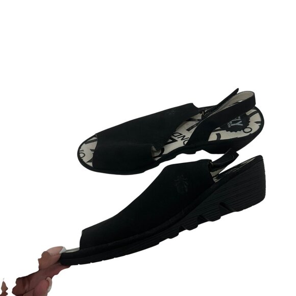 Fly London Womens Palp Black Nobuck Leather Peep-Toe Wedge Sandals SZ 40 - Picture 12 of 13